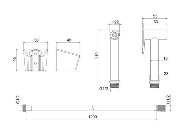 Гигиенический ручной душ со шлангом 120 см и держателем Aquatek AQ2054BGM, оружейная сталь