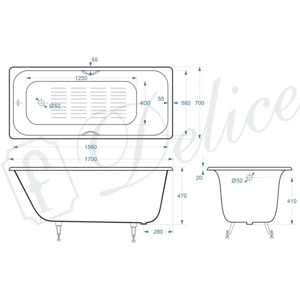 Ванна чугунная Delice Continental Plus DLR230634R-AS 170x70 см, с отверстиями под ручки, антискользящим покрытием, белый