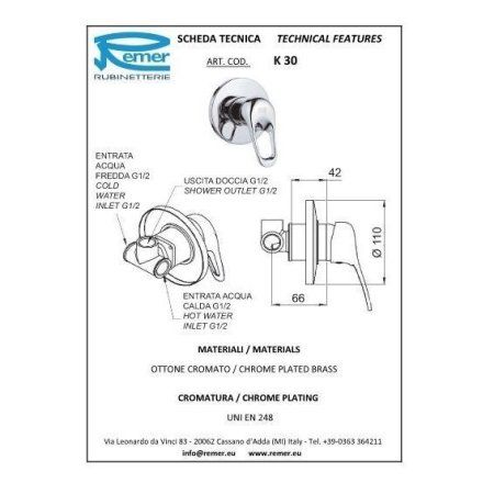 Смеситель Remer Kiss K30 для душа, хром