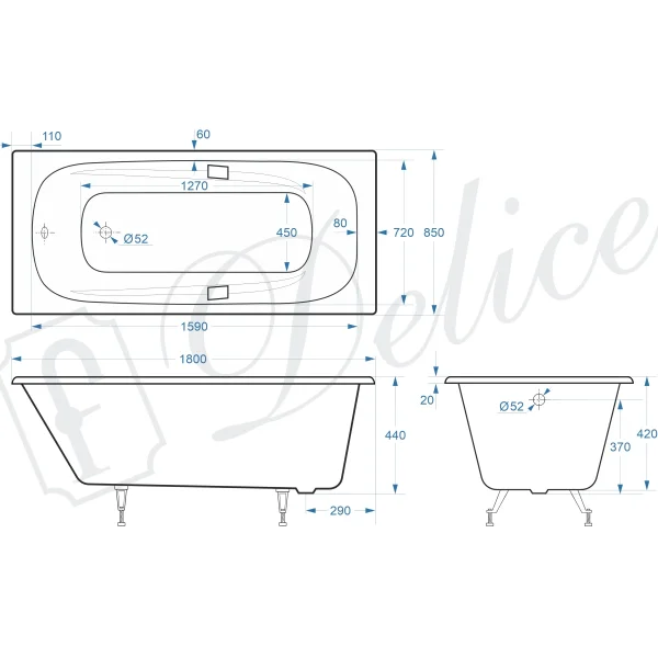 Ванна чугунная Delice Flex DLR230632R 180x85 см, с отверстиями под ручки, белый