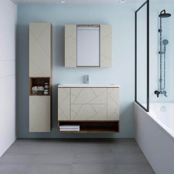 Тумба с раковиной и нишей Бриклаер КРИСТАЛЛ 100L, латте/дуб крафт табачный