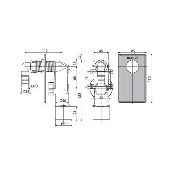 Сифон для стиральной машины AlcaPlast APS3 под штукатурку,  хром