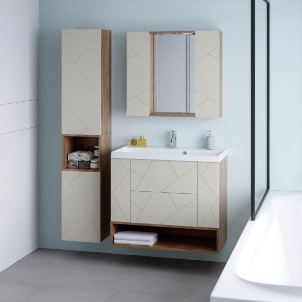 Тумба с раковиной и нишей Бриклаер КРИСТАЛЛ 90L, латте/дуб крафт табачный