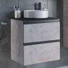 Тумба-умывальник COMFORTY "Эдинбург-60-2" бетон светлый с черной столешницей с отверстием под смеситель, с раковиной COMFORTY 9111