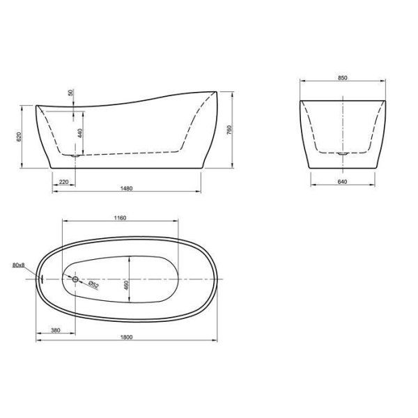 Акриловая ванна Knief Relax 0100-078-06 180x85 отдельностоящая, белый