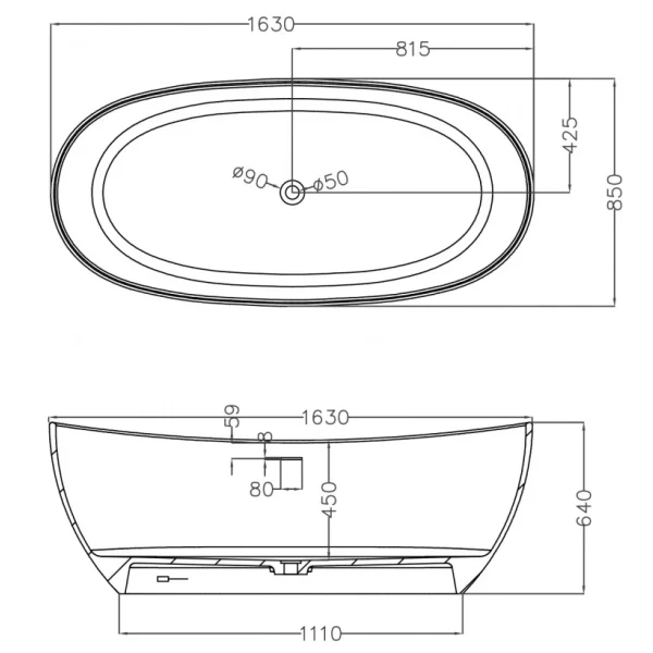 Ванна из литьевого мрамора Abber Stein AS9615-1.6 163x85 см, отдельностоящая, белый матовый