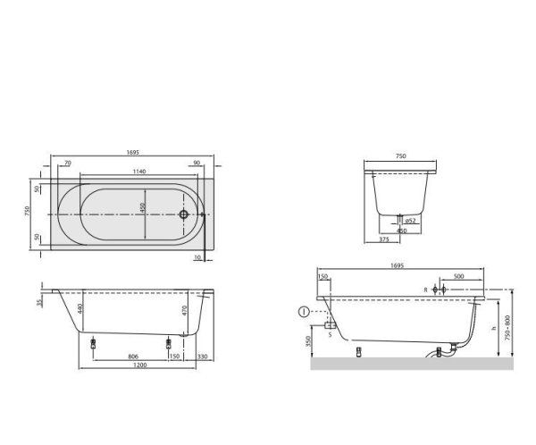 Ванна акриловая Villeroy & Boch O.Novo UBA170CAS2V-01+U99740000 170х75 см, с ножками, белая