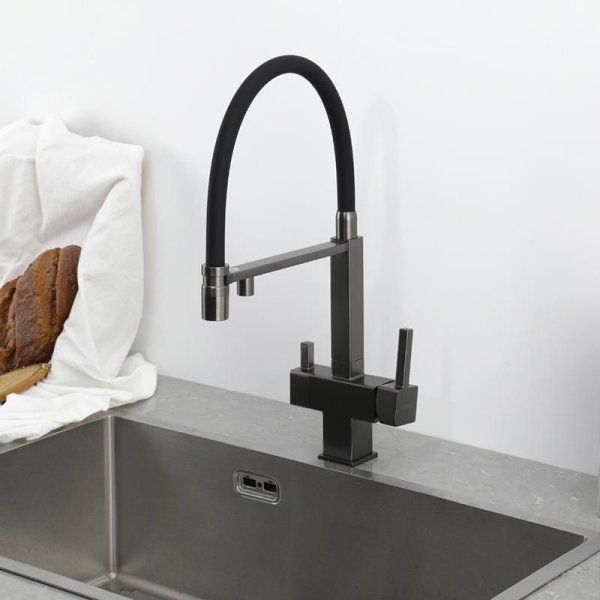 Смеситель для кухонной мойки Gappo G95-59 G4395-59 с подключением фильтра питьевой воды и гибким изливом, оружейная сталь, черный