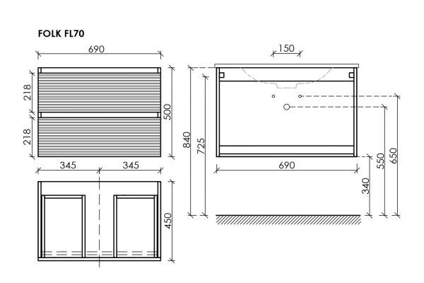 Тумба подвесная SANCOS Folk 690х445х500, c двумя ящиками оснащенными доводчиками, Ergraut soft, FL70ES