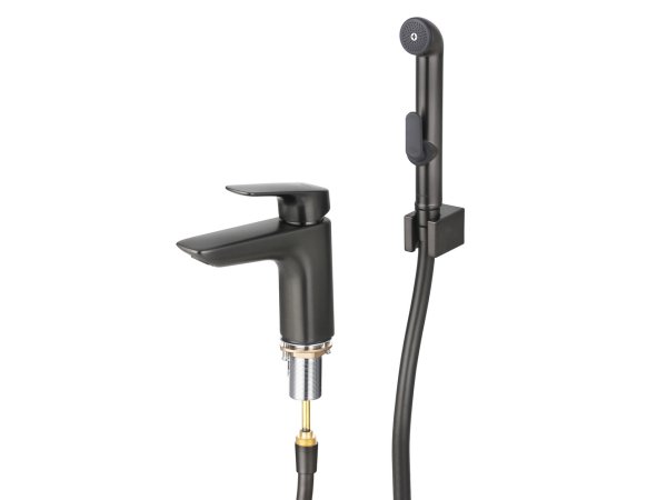 Смеситель для раковины 97 с гигиеническим ручным душем Aquatek AQ1012BGM ВЕГА, оружейная сталь