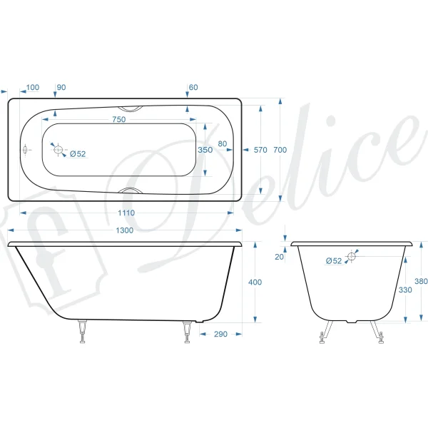 Ванна чугунная Delice Continental DLR230641R 130x70 см, с отверстиями под ручки, белый