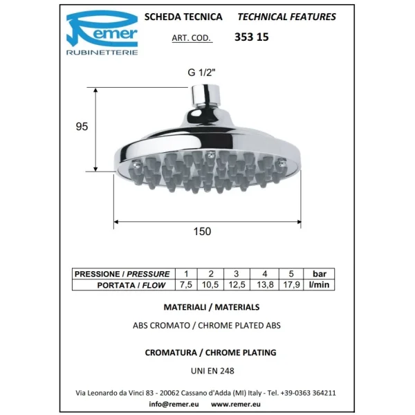Верхний душ 150 мм Remer 35315X