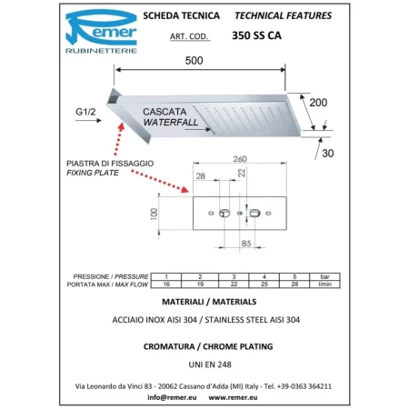 Верхний душ 500x200 мм Remer 350SSCAX