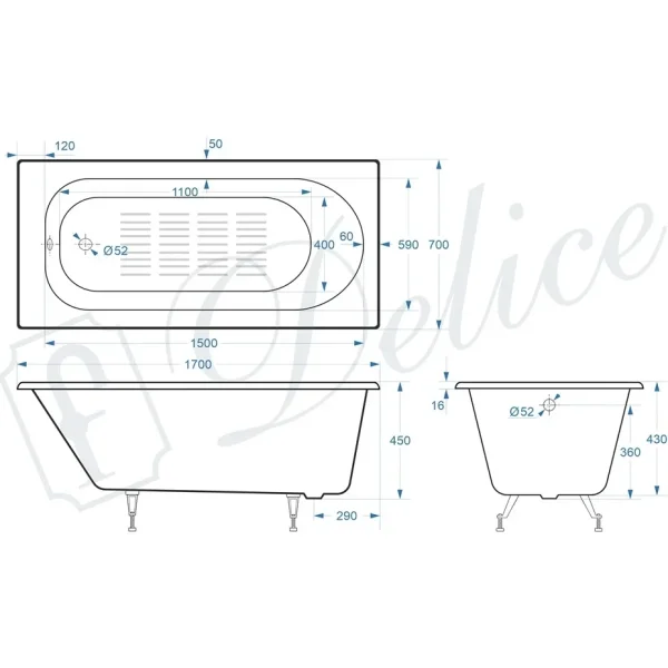 Ванна чугунная Delice Grace DLR230643-AS 170x70 см, с антискользящим покрытием, белый