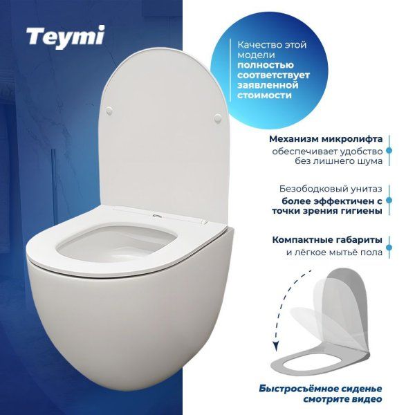 Унитаз подвесной Teymi Lina Media безободковый, сиденье микролифт T40105