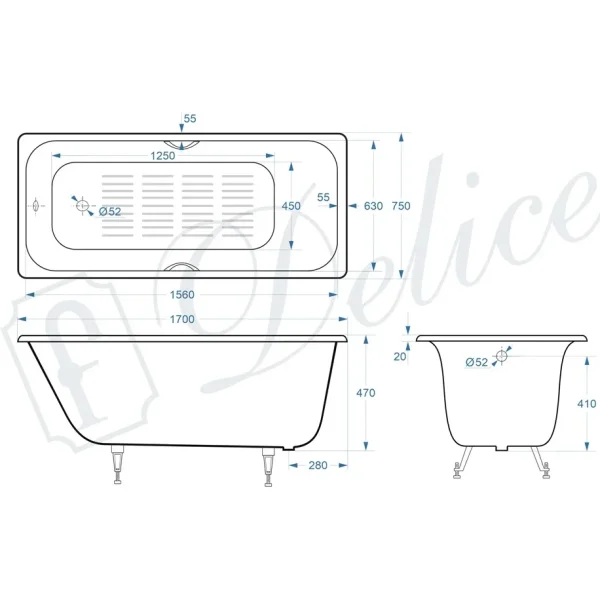 Ванна чугунная Delice Continental Plus DLR230635R-AS 170x75 см, с отверстиями под ручки, антискользящим покрытием, белый