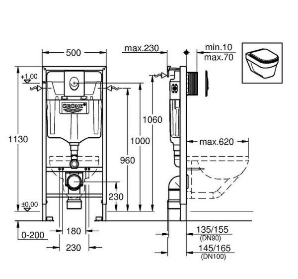 Система инсталляции Grohe Rapid SL 38722001 для унитазов, 3 в 1 с кнопкой смыва