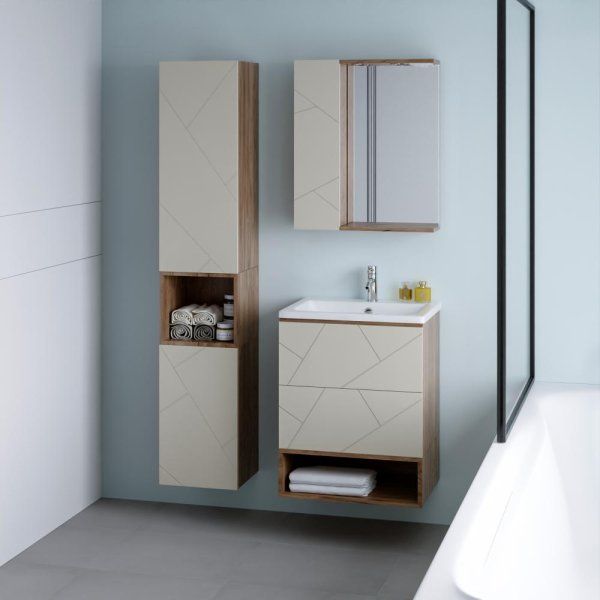 Тумба с раковиной и нишей Бриклаер КРИСТАЛЛ 60L, латте/дуб крафт табачный