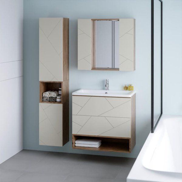 Тумба с раковиной и нишей Бриклаер КРИСТАЛЛ 80L, латте/дуб крафт табачный