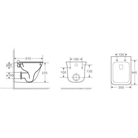 Унитаз GR-4413S (510*355*370) подвесной БЕЗОБОДКОВЫЙ с тонкой крышкой, 1 место
