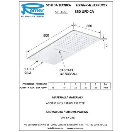 Верхний душ 500x250 мм Remer 350UFDCAX