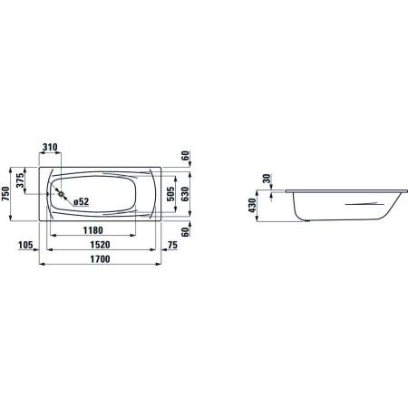 Ванна стальная Laufen Palladium 2.2511.3.600.040.1 170х75 с отверстиями для ручек, с антисколь