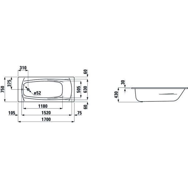 Ванна стальная Laufen Palladium 2.2511.3.600.040.1 170х75 с отверстиями для ручек, с антисколь