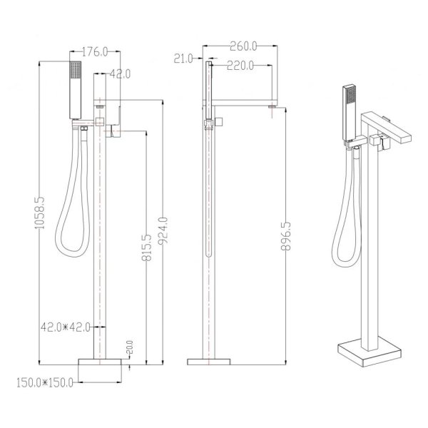 Смеситель напольный для ванны Groсenberg GB800BL, черный