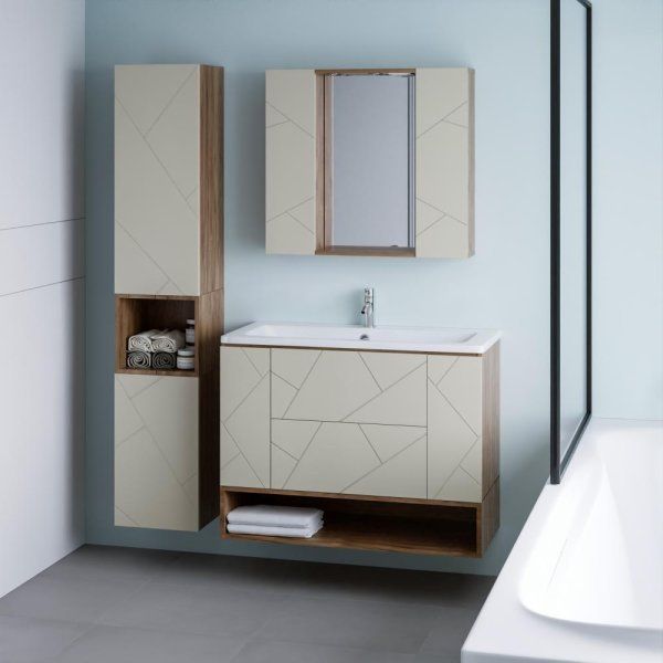 Тумба с раковиной и нишей Бриклаер КРИСТАЛЛ 100L, латте/дуб крафт табачный