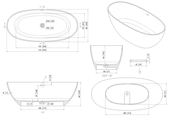 Ванна из искусственного камня Allen Brau Solid Stone Krion Oval 170x80 2.35003.21