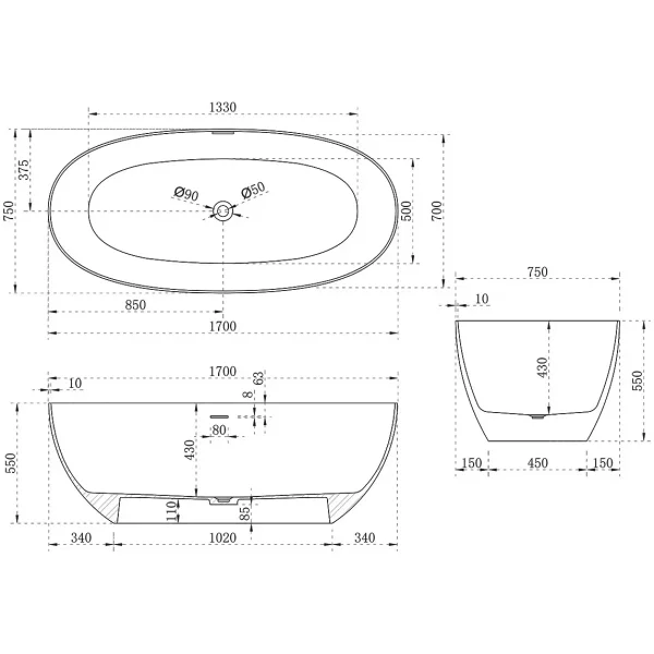 Ванна из литьевого мрамора Vincea VBT-6S01MW 170x75 см отдельностоящая, белый матовый