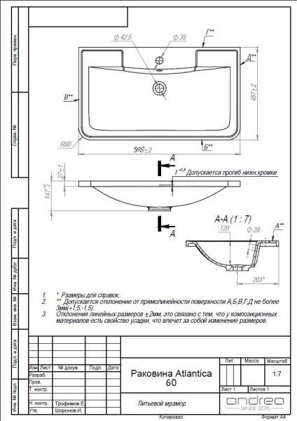 Раковина Andrea Atlantica - 600 для ванной комнаты встраиваемая (4680028071181)