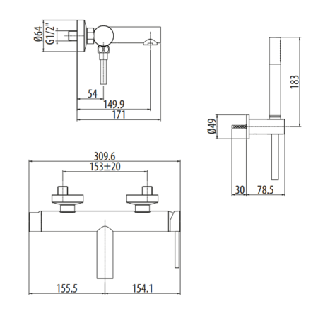 Смеситель Gattoni Circle One 9000/90NO для ванны, черный матовый