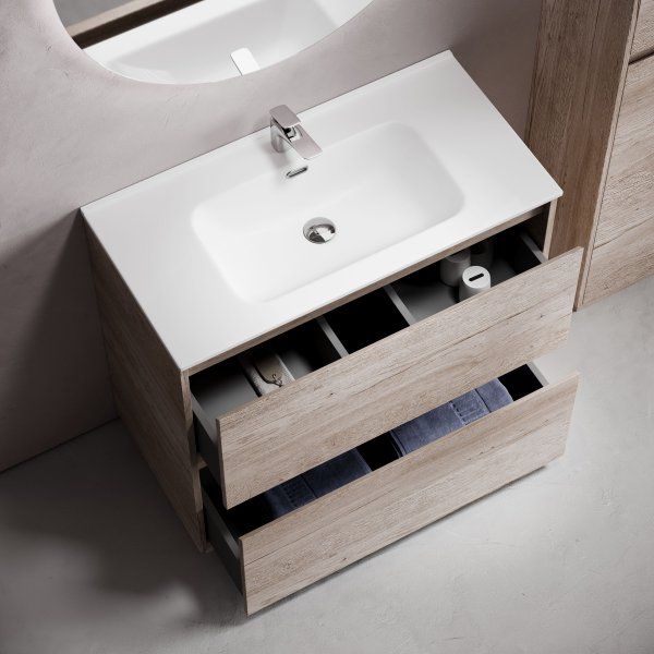 Тумба под раковину SANCOS Libra Floor напольная, 890х450х840, c двумя ящиками оснащенными доводчиками, дуб галифакс натуральный,  LB90FEG