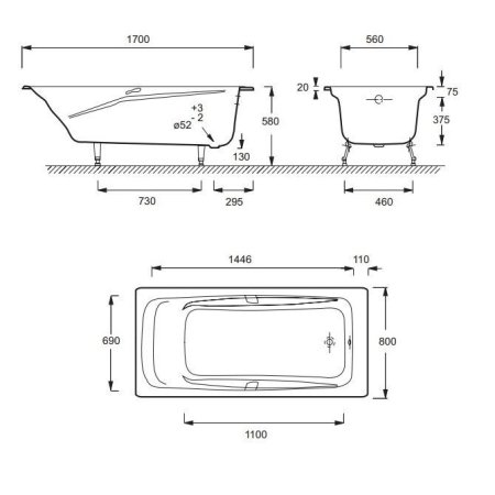 Чугунная ванна Jacob Delafon Repos E2915-00+E75110-CP+E4113-NF 170х80 с ручками и ножками
