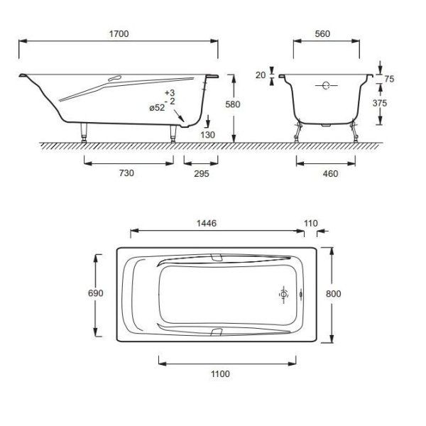 Чугунная ванна Jacob Delafon Repos E2915-00+E75110-CP+E4113-NF 170х80 с ручками и ножками