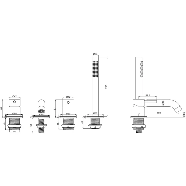 Смеситель на борт ванны AQUAme Siena AQM6219BN с душевым гарнитуром, никель матовый