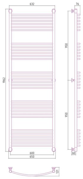 Полотенцесушитель водяной Сунержа Богема+ выгнутая 15-0221-1960 1900x600 тёмный титан муар