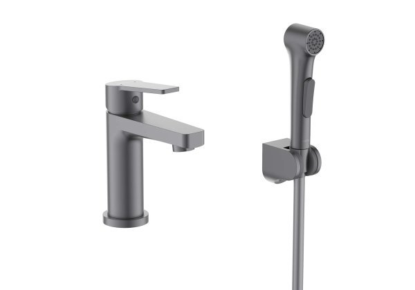 AQ1712BGM ЛУГАНО смеситель для раковины 106 с гигиеническим ручным душем, оружейная сталь