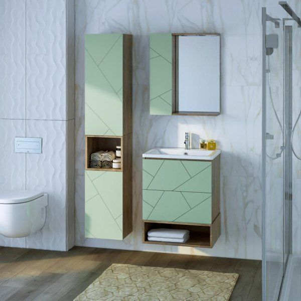 Тумба с раковиной и нишей Бриклаер КРИСТАЛЛ 60F, фисташковый/дуб гранж песочный