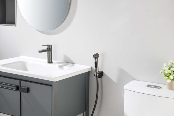 AQ1712BGM ЛУГАНО смеситель для раковины 106 с гигиеническим ручным душем, оружейная сталь