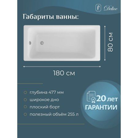 Чугунная ванна Delice Parallel DLR220506R 180х80 с ручками