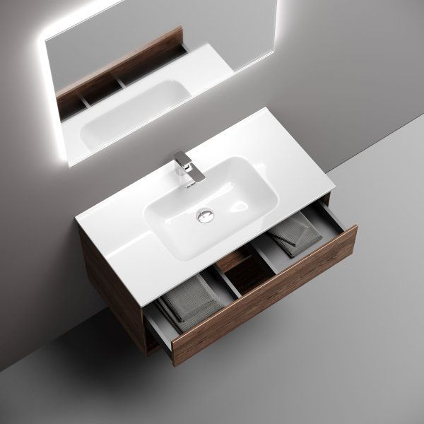 Тумба подвесная SANCOS Marmi 1.0 890х445х520 c одним ящиком оснащенным доводчиками скрытого монтажа и открытой нишей, дуб чарльстон, MR1.090ECH