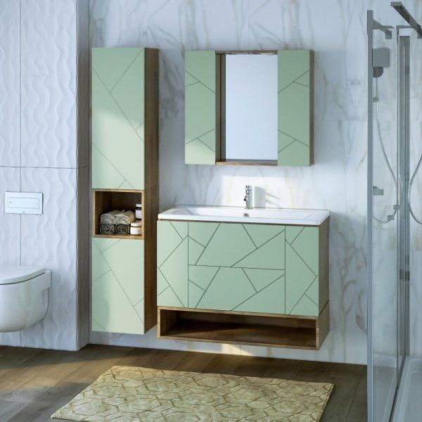 Тумба с раковиной и нишей Бриклаер КРИСТАЛЛ 100F, фисташковый/дуб гранж песочный