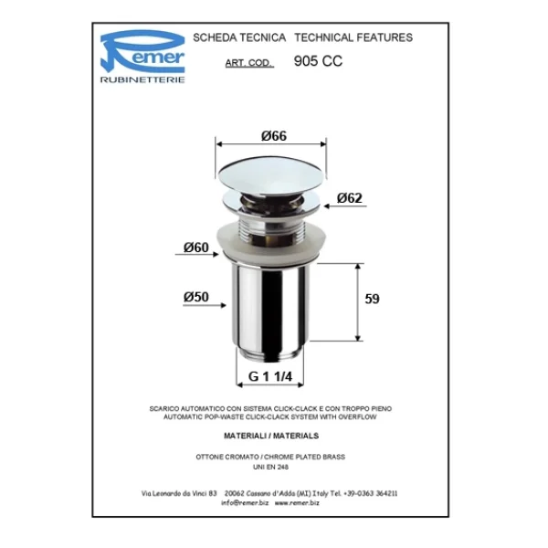 Донный клапан Remer 905CC114