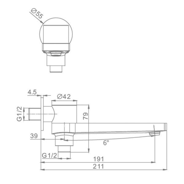 Излив поворотный встраиваемый Raglo для ванны и душа 21см с функцией переключения латунь, сатин золотой (R473.75.03)