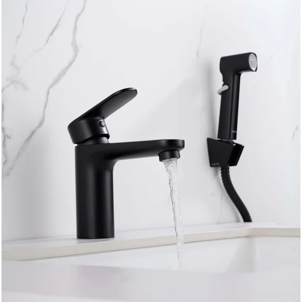 Смеситель для раковины Aquatek Ника AQ1812MB с гигиеническим душем, без донного клапана, черный матовый