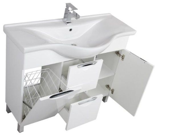 Тумба под раковину Aquanet Асти 00178239 105 белая, 1 дверца, 2 ящика, бельевая корзина