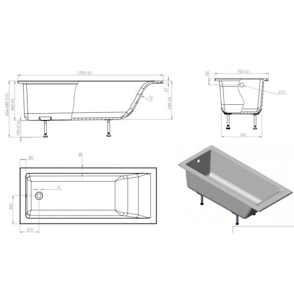 Ванна из литьевого мрамора Astra-Form Нейт 01010041 170x70 см, белый