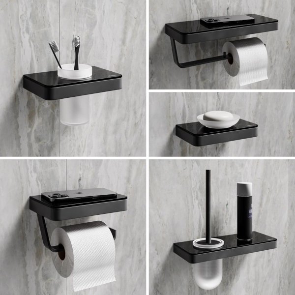 Двойной держатель для туалетной бумаги Lemark GLASS LINE с полкой, чёрный матовый/черное стекло (9722042)